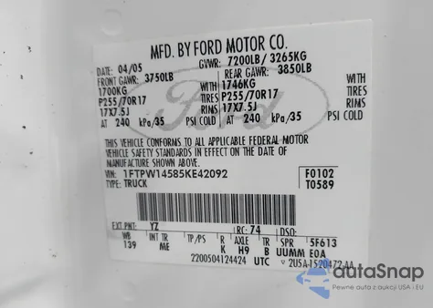 2005 Ford F-150 Fx4/Lariat/Xlt from USA, damaged, VIN 1FTPW14585KE42092